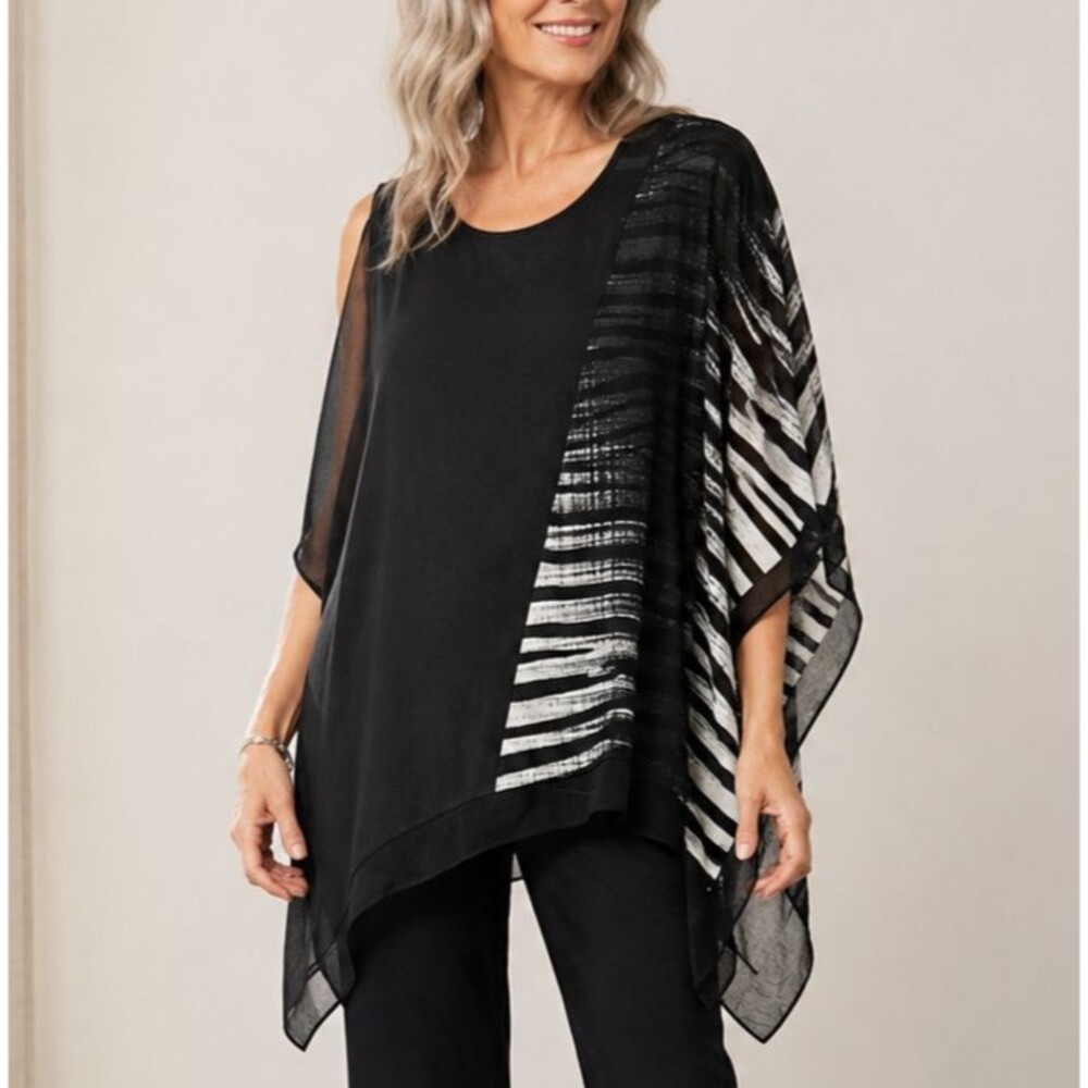 NWT Komarov Sheer Asymmetrical Tunic Top Art To Wear Overlay Black White Size S
